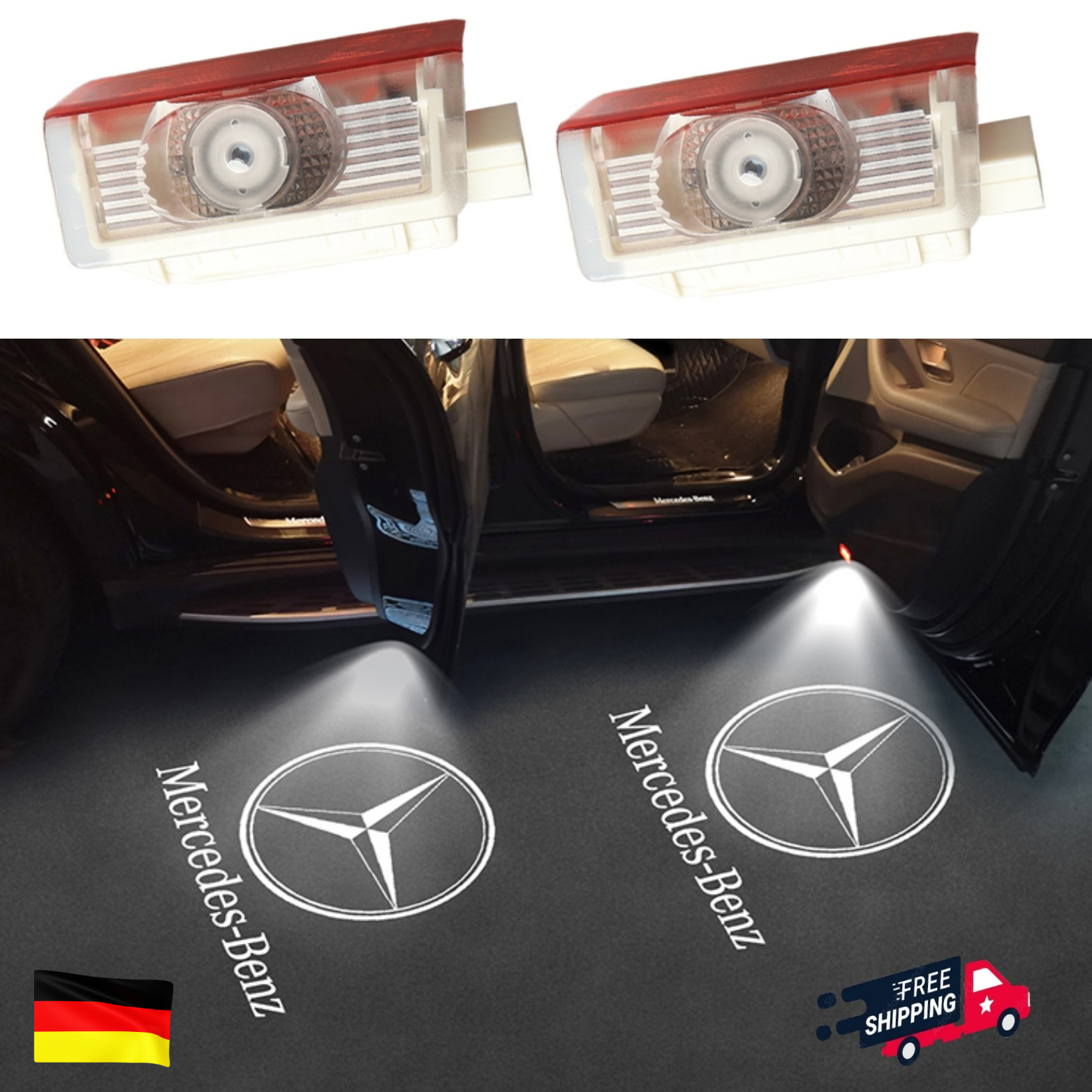 Logo Projektor Mercedes Benz ! Einstiegsbeleuchtung für Mercedes Benz ! Mercedes Türbeleuchtung ! 2 Stc Türlogo Lampen mit Glasschip für Mercedes Benz.