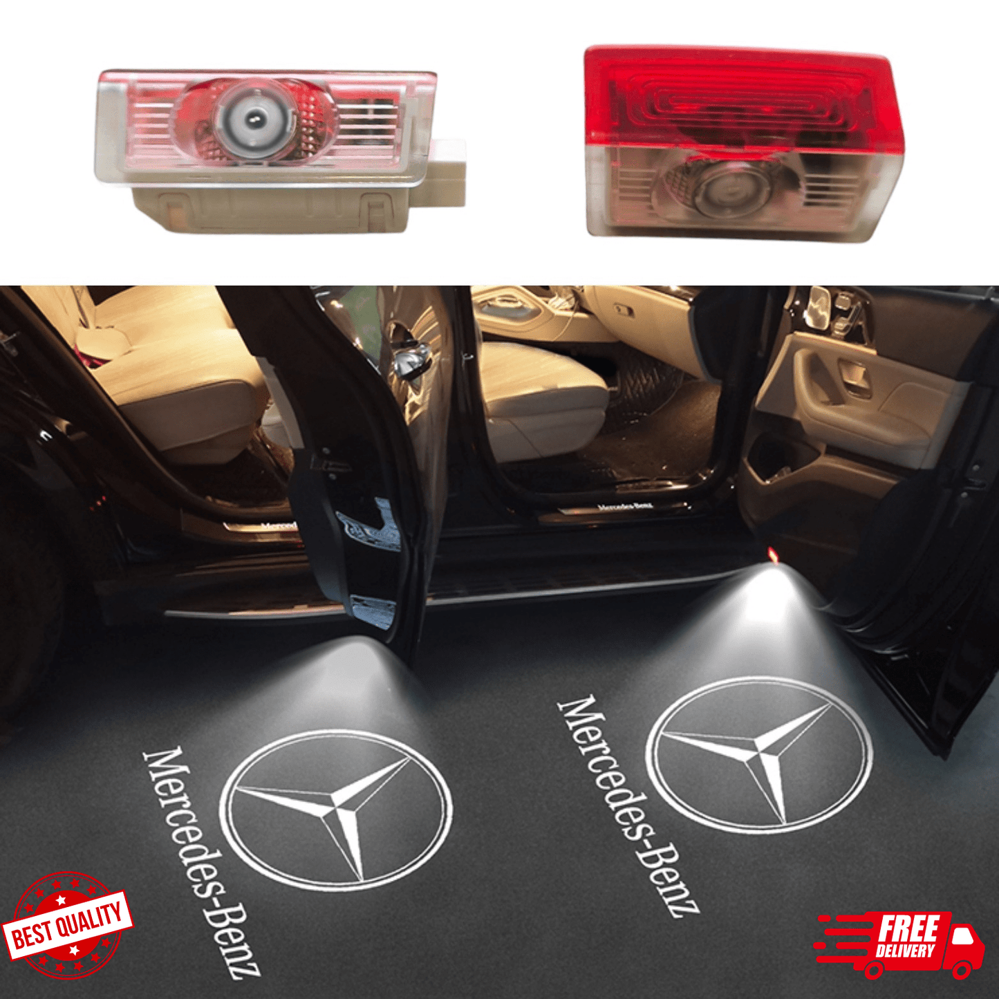 Türlicht Logo Projektor für Mercedes Benz - 2 Stück Autotür Logo mit Glasschip, Türbeleuchtung Mercedes, Einstiegsbeleuchtung auto, Mercedes Benz Zubehör für A B C E G GLA GLE GLC GLS AMG - AverAutoStil