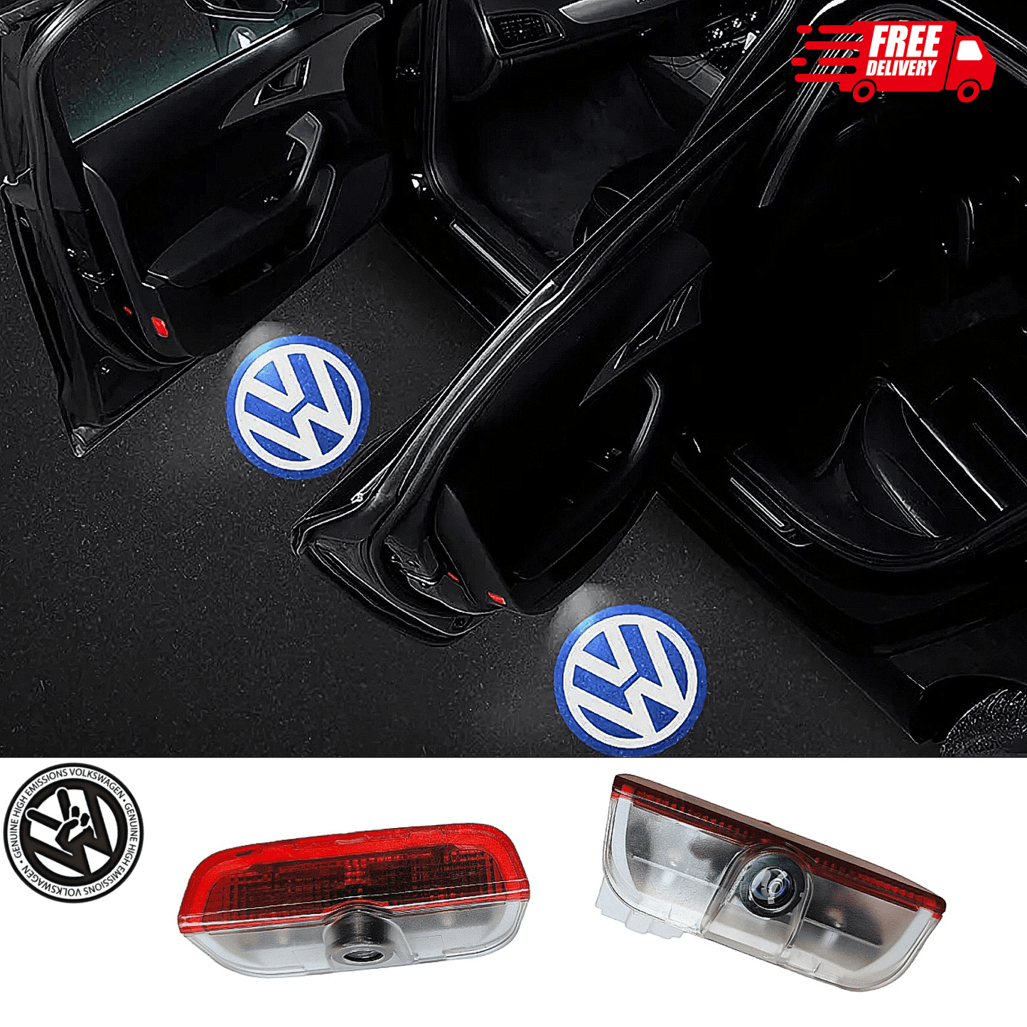 Türlicht Logo Projektor für VW - 2 Stück Autotür Logo mit Glasschip, Türbeleuchtung mit autologo, VW Zubehör für Golf, Passat, T - Roc, CC, Arteon, Touran, Touareg - AverAutoStil